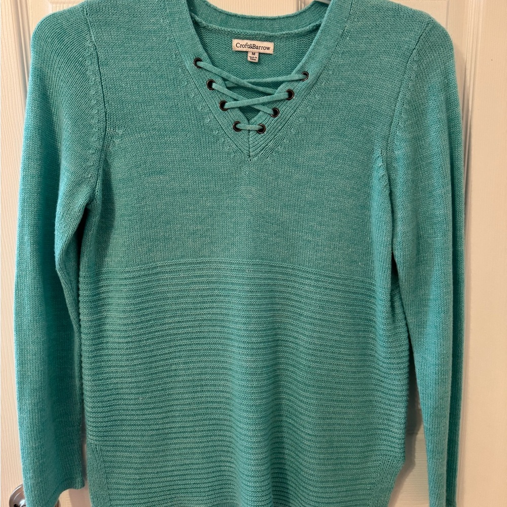 Croft & Barrow Women's Teal Lace-Up V-Neck Sweater